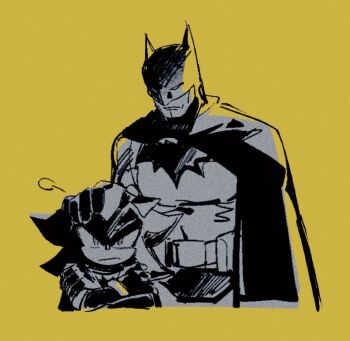 2boys :| batman batman_(series) belt cape chinese_commentary closed_mouth commentary_request cowl cropped_legs cropped_torso crossed_arms crossover dc_comics furry furry_male greyscale_with_colored_background hand_on_another's_head hedgehog_boy highres male_focus multiple_boys shadow_the_hedgehog sonic_(series) supaunicor53058 superhero_costume yellow_background