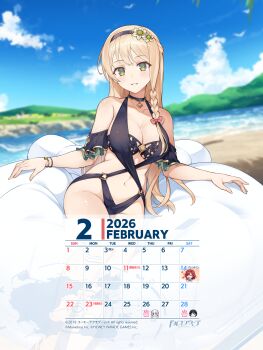 1girl absurdres atelier_(series) atelier_ryza black_choker blonde_hair bow bracelet braid breasts calendar_(medium) choker detached_sleeves dolphin_wave flower green_eyes hair_bow hair_flower hair_ornament highres jewelry klaudia_valentz klaudia_valentz_(moonlit_beach) large_breasts long_hair navel official_art swimsuit