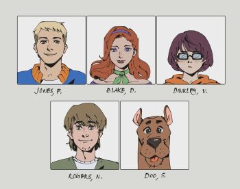 2boys 2girls animal blonde_hair bob_cut brown_hair character_name commentary daphne_blake dog facial_hair freckles fred_jones glasses goatee hairband long_hair looking_at_viewer multiple_boys multiple_girls officeanomaly orange_hair scooby-doo scooby-doo_(character) shaggy_rogers short_hair smile velma_dinkley