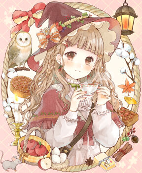 Rule 34 | 1girl, acorn, animal, apple, apple hair ornament, apple pie, apple slice, argyle background, autumn, autumn leaves, bag, bird, blonde hair, blunt bangs, blush, border, bow, bowtie, braid, brown bag, brown eyes, brown hat, butter, buttons, candle, candlestand, capelet, center frills, cinnamon stick, closed mouth, commentary request, cup, earrings, egg, fingernails, fire, flower, food, food-themed hair ornament, frilled shirt collar, frills, fruit, fruit basket, green bow, green bowtie, hair ornament, handbag, hands up, hat, hat bow, hat flower, highres, holding, holding cup, hot chocolate, inset border, jewelry, lantern, leaf, leaf earrings, long hair, long sleeves, looking at viewer, marshmallow, mouse (animal), nail polish, nest, orange bow, original, owl, pie, pie hair ornament, pink background, pink nails, puffy long sleeves, puffy sleeves, red bow, red capelet, round border, shirt, shoulder bag, side braid, single braid, smile, solo, steaming cup, striped bow, teacup, tententuyu, upper body, wavy hair, white flower, white shirt, witch hat, x hair ornament