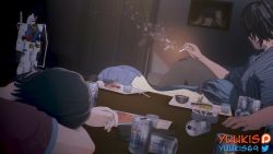 1girl 2boys 3d animated blush bouncing_breasts breasts cheating_(relationship) cowgirl_position fellatio girl_on_top gundam gundam_build_fighters hand_on_another&#039;s_head hetero iori_rinko jewelry koikatsu_(medium) large_breasts mature_female multiple_boys netorare nipples oral ring sex smile stealth_fellatio stealth_sex straddling stray_pubic_hair video wedding_ring yuukis