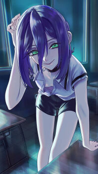 1girl arm_support black_choker black_shorts breasts chainsaw_man choker classroom closed_mouth desk downblouse green_eyes grenade_pin hair_between_eyes highres indoors keka_(user_sgch4854) leaning_forward looking_at_viewer purple_hair reze_(chainsaw_man) school_desk shirt short_shorts shorts small_breasts smile solo white_shirt