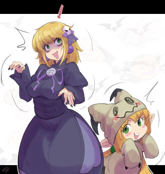 ! 2girls black_dress blonde_hair blush_stickers cornet_espoir cosplay dress earrings gen_7_pokemon green_eyes hex_maniac_(pokemon) hex_maniac_(pokemon_legends:_z-a) hex_maniac_(pokemon_legends:_z-a)_(cosplay) highres jewelry marl_kingdom mimikyu mimikyu_(cosplay) multiple_girls nintendo open_mouth pinkkoffin pointy_ears pokemon pokemon_legends:_z-a sphere_earrings teeth upper_teeth_only