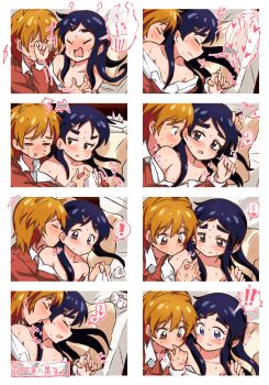 2girls absurdres bed blue_eyes blue_hair blush brown_eyes brown_hair comic ear_licking futari_wa_precure highres holding_hands implied_fingering kiss licking licking_finger misumi_nagisa mizin_kosutin multiple_girls precure punch pussy_juice school_uniform tissue yukishiro_honoka yuri