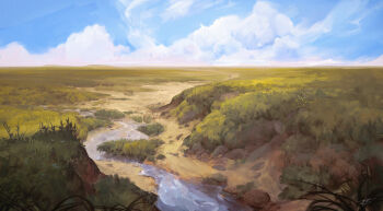 blue_sky cloud field grass grasslands highres landscape original painterly refiend sand scenery signature sky steppe water