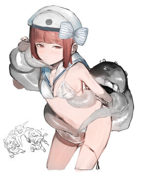 abyssal_ship assisted_exposure bikini blunt_bangs bow brown_eyes brown_hair cowboy_shot cropped_legs enemy_naval_mine_(kancolle) etorofu_(kancolle) hat highres kantai_collection sado_(kancolle) sailor_bikini sailor_collar sailor_hat shishamo_(domado) short_hair solo_focus striped_bow swimsuit teeth tentacles white_bikini white_headwear white_sailor_collar z3_max_schultz_(kancolle) z3_max_schultz_(swimsuit)_(kancolle)