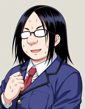 1boy artist_request big_nose black_hair character_request copyright_request cropped glasses male_focus non-web_source school_uniform solo source_request sweat tagme