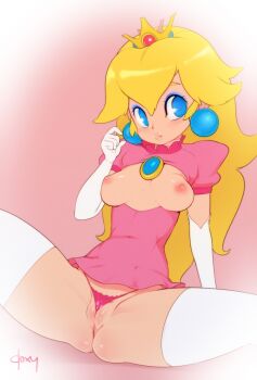 1girl ass blonde_hair blue_eyes blush breasts breasts_out cleft_of_venus crown doxy earrings elbow_gloves eyeshadow female_focus g-string gloves jewelry leggings long_hair makeup mario_(series) micro_panties nintendo nipples panties partially_visible_vulva princess_peach pussy ribbon small_breasts solo spread_legs super_mario_bros._1 thighhighs thong uncensored underwear white_leggings white_thighhighs