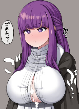 1girl :t after_paizuri annoyed black_coat blunt_bangs blush breasts bright_pupils button_gap buttons cleavage closed_mouth coat cum cum_on_body cum_on_breasts cum_on_upper_body cumdrip fern_(sousou_no_frieren) grey_background half_updo highres large_breasts long_hair looking_ahead nose_blush partially_unbuttoned pout purple_eyes purple_hair rinbo shirt sidelocks simple_background solo sousou_no_frieren speech_bubble straight_hair striped upper_body v-shaped_eyebrows vertical_stripes white_shirt