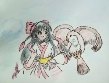 1girl ainu_clothes arm_up black_eyes black_hair breasts fingerless_gloves gloves hair_ribbon highres legs mamahaha nakoruru pants ribbon samurai_spirits small_breasts smile snk the_king_of_fighters thighs traditional_media
