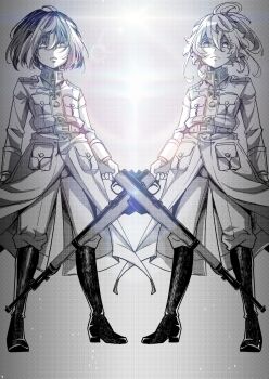 2girls black_boots boots breast_pocket clenched_teeth coat collar_tabs commentary_request cross frown full_body greyscale gun hal_(goshujinomocha) highres iron_cross looking_at_viewer medium_hair messy_hair military_coat military_uniform monochrome multiple_girls pants pocket rifle short_hair shoulder_boards tanya_degurechaff tanya_degurechaff_(anime) tanya_degurechaff_(light_novel) teeth weapon youjo_senki