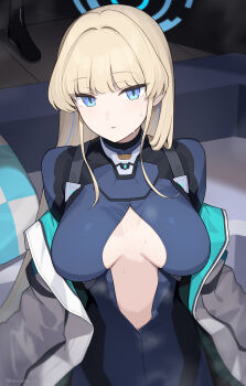 Rule 34 | 1girl, 1other, :o, blonde hair, blue archive, blue bodysuit, blue eyes, blue halo, blush, bodysuit, breasts, commentary request, couch, enosan, halo, highres, jacket, large breasts, long hair, multicolored hair, off shoulder, official alternate costume, open clothes, pillow, steam, steaming body, streaked hair, sweat, toki (blue archive), toki (bodysuit) (blue archive), white jacket