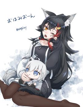 1girl absurdres animal_ear_fluff animal_ears asagi501 black_choker black_hair black_hoodie breasts brown_pantyhose character_doll choker collarbone commentary_request doll dutch_angle grey_background grey_shorts hand_up highres holding holding_doll hololive hood hood_down hoodie long_hair long_sleeves medium_breasts messy_hair multicolored_hair no_shoes one_eye_closed ookami_mio ookami_mio_(hoodie) open_mouth pantyhose red_hair shirakami_fubuki shirakami_fubuki_(1st_costume) short_shorts shorts sitting sleeves_past_wrists solo streaked_hair tail thick_thighs thighs translation_request two-tone_hair two-tone_hoodie virtual_youtuber waking_up wariza white_background white_hoodie wolf_ears wolf_girl wolf_tail