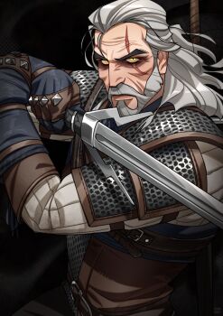 1boy beard facial_hair fighting_stance geralt_of_rivia glowing glowing_eyes holding holding_sword holding_weapon kumanaru long_hair looking_at_viewer ox_guard scar scar_across_eye scar_on_face solo sword the_witcher_(series) the_witcher_3 upper_body weapon white_hair yellow_eyes