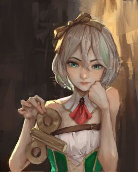 1girl ascot backlighting bow cecilia_immergreen cecilia_immergreen_(1st_costume) corrupted_twitter_file corset gold_bow green_corset green_eyes green_hair hair_bow hand_up head_rest highres hololive hololive_english humanization looking_at_viewer multicolored_hair red_ascot short_hair solo tablicoart two-tone_hair virtual_youtuber white_hair winding_key