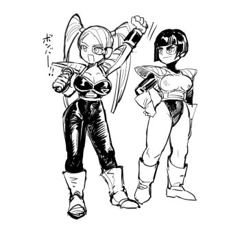 2girls arm_up armor black_hair blunt_bangs body_armor boots breasts burter burter_(cosplay) cleavage cosplay dancho_no_mori dragon_ball dragonball_z full_body greyscale hand_on_own_hip holding holding_microphone jeice jeice_(cosplay) large_breasts leotard long_hair microphone monochrome multiple_girls open_mouth pauldrons rainbow_mika saiyan_armor scouter short_hair shoulder_armor simple_background smile standing street_fighter street_fighter_v translation_request twintails white_background yamato_nadeshiko_(street_fighter)