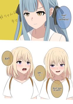 2girls absurdres bang_dream! bang_dream!_it's_mygo!!!!! black_ribbon blonde_hair blue_hair blush commentary english_text hair_ribbon hashtag-only_commentary highres long_hair medium_hair misumi_uika multiple_girls ribbon rienz scene_reference shirt sidelocks togawa_sakiko translated white_shirt yellow_eyes