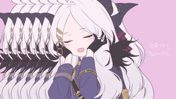 1girl :d afterimage ahoge black_gloves black_horns blue_archive blush character_name closed_eyes commentary_request demon_girl demon_horns facing_viewer gloves hair_ornament hairpin hands_on_own_cheeks hands_on_own_face hina_(blue_archive) horns kyu-kurarin_(cevio) long_hair long_sleeves lower_teeth_only military_uniform multiple_hairpins one_side_up open_mouth parody parted_bangs pink_background smile solo song_name strap tautiki teeth u_u video_thumbnail white_hair