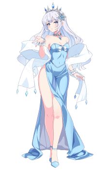 1girl blue_dress blue_eyes blue_gem blue_shoes breasts crown diamond_(shape) dot_nose dress full_body game_cg gem hair_ornament highres jewelry katrin_(lost_sword) long_hair looking_at_viewer lost_sword:_tales_of_britania necklace official_art queen ribbon scarf shoes side_slit silver_crown silver_necklace small_breasts snowflake_hair_ornament standing thighs third-party_source transparent_background white_hair white_ribbon white_scarf white_wrist_cuffs wrist_cuffs
