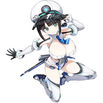 1girl black_gloves black_hair blue_hair blue_necktie boots breasts cleavage closed_mouth crosshair_pupils detached_sleeves dolphin_wave eines_(dolphin_wave) full_body game_cg gloves green_eyes half_gloves hand_on_headwear hat highres kneeling leotard looking_at_viewer multicolored_hair necktie newsboy_cap non-web_source official_alternate_costume official_alternate_hairstyle official_art ootomo_takuji outstretched_arm ponytail short_ponytail simple_background skindentation smile solo thigh_boots transparent_background two-tone_hair weapon weapon_on_back white_hat white_leotard