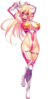 1girl absurdres adapted_costume arms_up blonde_hair blue_eyes breasts covered_navel curvy fingerless_gloves gloves highleg highleg_leotard highres large_breasts leotard long_hair looking_at_viewer mask medium_hair multicolored_leotard open_mouth pink_leotard rakko_(r2) revealing_clothes sandy_bash shiny_skin simple_background skindentation smile suketto_sanjou! thong_leotard two-tone_leotard very_long_hair wide_hips wrestler wrestling_outfit