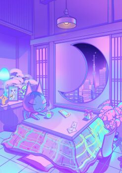 Rule 34 | :3, absurdres, animal crossing, animal ears, bow, box, cat ears, cat girl, cat tail, ceiling light, chair, city, closed eyes, closed mouth, crescent, cup, envelope, furry, furry female, gift, gift box, glowing, glowing mushroom, handheld game console, hanging light, highres, incense burner, k.k. slider (animal crossing), kayari buta, kotatsu, letter, mug, mushroom, nintendo, owakita, pastel colors, photo (object), picture frame, pillow, plant, potted plant, purple sky, purple theme, red bow, rosie (animal crossing), shadow, sky, skyline, table, tail, tea, tile floor, tiles, tower, under kotatsu, under table, window, zaisu