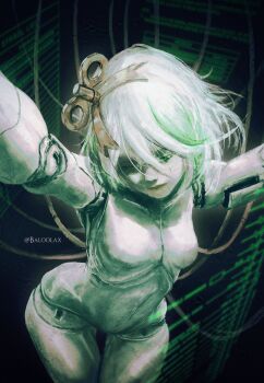 1girl absurdres arms_up baloolax cable cecilia_immergreen closed_mouth doll_joints gradient_hair green_eyes green_hair highres hololive hololive_english joints multicolored_hair no_nipples nude one_eye_closed short_hair solo virtual_youtuber white_hair winding_key