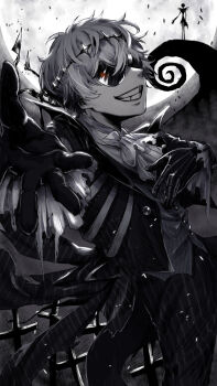 2boys black_crown crown diamond_hairband formal_clothes gloves highres jack_skellington jacket kurage_(pege5787) long_sleeves looking_at_viewer male_focus moon multiple_boys pinstripe_pattern pinstripe_suit pinstripe_vest round_eyewear short_hair silhouette skully_j._graves smile striped_clothes suit sunglasses the_nightmare_before_christmas vertical-striped_clothes vest white_hair