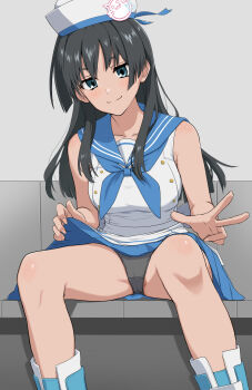1girl black_hair black_panties blue_eyes blue_sailor_collar blue_skirt breasts closed_mouth clothes_lift commentary_request hat highres infinite_moppy lifting_own_clothes long_hair looking_at_viewer medium_breasts official_alternate_costume panties partial_commentary sailor_collar sailor_hat saten_ruiko shirt skirt skirt_lift sleeveless sleeveless_shirt smile solo toaru_kagaku_no_railgun toaru_majutsu_no_index underwear w white_hat white_shirt