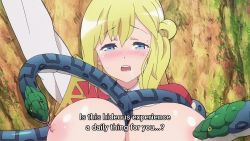 1girl animated anime_screenshot arm_up bestiality between_breasts blonde_hair blue_eyes blue_necktie breast_sucking breasts breasts_out double_breast_sucking enome futoku_no_guild grabbing_another&#039;s_breast groin groping highres huge_breasts lactation large_breasts licking licking_nipple long_hair long_sleeves looking_at_viewer mature_female navel necktie nipple_stimulation no_bra panties pink_panties rape restrained saliva shirt side_ponytail snake sound stomach subtitled tearing_up thick_thighs thighs tongue tongue_out torn_clothes torn_shirt underwear video