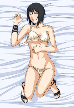 Rule 34 | 1girl, bed, bed sheet, black hair, bra, closed eyes, feet, female focus, from above, full body, lying, naruto (classic), naruto (series), on back, panties, panty pull, shizune (naruto), short hair, sleeping, solo, tk (tk's level4), toes, underwear, underwear only, white bra, white panties