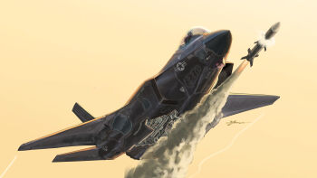 1other absurdres afterburner aim-120_amraam air-to-air_missile aircraft airplane canopy_(aircraft) commentary_request contrail evening f-35_lightning_ii fighter_jet firing flight_suit from_below gradient_sky helmet highres kudryavka_trop military military_vehicle missile orange_sky original outdoors oxygen_mask pilot pilot_helmet roundel signature sky smoke solo united_states_air_force vehicle_focus