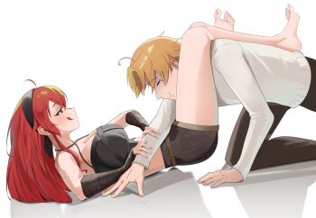 1boy 1girl absurdres barefoot black_hairband black_pants blush breasts brown_hair brown_pants closed_mouth cousins eris_greyrat hairband head_between_thighs hetero highres husband_and_wife kaoru_puripuri large_breasts mushoku_tensei pants red_eyes red_hair rudeus_greyrat shadow shirt short_shorts shorts simple_background tongue tongue_out triangle_choke white_background white_shirt