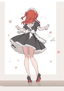 Rule 34 | 1girl, back bow, black hair, black shoes, bocchi the rock!, bow, commentary, dated commentary, from behind, high heels, highres, kita ikuyo, long hair, maid, maid headdress, minusk9, one side up, puffy short sleeves, puffy sleeves, red hair, shoes, short sleeves, solo, white bow, white wrist cuffs, wrist cuffs