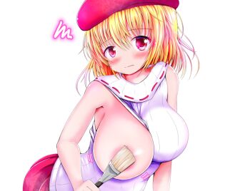 1girl amyi arched_back areola_slip bent_over beret blonde_hair blush bob_cut breasts calligraphy_brush closed_mouth clothes_pull covering_nipples covering_privates cowboy_shot embarrassed hair_between_eyes hat holding holding_calligraphy_brush holding_paintbrush koucha_rakkyo large_breasts looking_at_viewer motion_lines non-web_source one_breast_out paintbrush pleated_skirt red_eyes red_hat red_skirt sabrina_to_muryoku_na_tamashii sidelocks simple_background skirt sleeveless sleeveless_sweater solo squiggle standing steam sweater sweater_pull transparent_background wavy_mouth white_sweater
