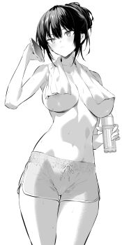 1girl areola_slip blush bottle breasts cellphone collarbone commentary_request convenient_censoring cowboy_shot dolphin_shorts greyscale hair_between_eyes hair_bun haite_kudasai_takamine-san hand_up highres hiiragi_yuuichi holding holding_bottle holding_phone large_breasts long_bangs monochrome navel parted_lips phone short_shorts shorts sidelocks simple_background smartphone solo standing stomach sweat takamine_takane thigh_gap topless_female towel towel_around_neck tsurime water_bottle white_background