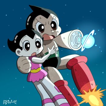 0322inuyama 2024 android angry arm_cannon atom_(tetsuwan_atom) black_hair boots brother_and_sister commentary_request flying highres night no_humans nose open_mouth red_boots robot serious siblings spiked_hair tetsuwan_atom uran_(tetsuwan_atom) weapon