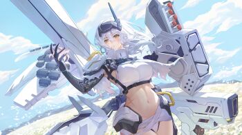 Rule 34 | 1girl, absurdres, bandaged stomach, bandaged waist, blue sky, cloak, cloud, commentary, day, dog tags, english commentary, eru (eru illust), field, flower, flower field, goddess of victory: nikke, head-mounted display, highres, holding, holding flower, lily (flower), mechanical arms, official alternate design, outdoors, panties, petals, pilgrim symbol (nikke), rigging, scar, scar on stomach, sky, snow white (heavy arms) (nikke), snow white (nikke), solo, torn cloak, torn clothes, underwear, visor (armor), visor lift, white cloak, white flower, white hair, white lily, white panties, white petals, yellow eyes