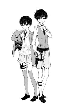 Rule 34 | 2boys, adjusting clothes, adjusting necktie, alternate costume, antenna hair, belt, bomb, closed mouth, collared shirt, commentary request, dual persona, explosive, full body, greyscale, highres, holster, jacket, knife, korean commentary, long sleeves, male focus, monochrome, multiple boys, necktie, omori, omori (omori), shirt, shoes, short hair, shorts, simple background, sleeves past fingers, sleeves past wrists, standing, suicide bomb, sunny (omori), thigh holster, thighhighs, vest, white background, y94096