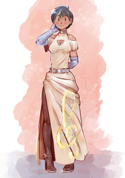 1girl 8chan absurdres alternate_costume arm_behind_back arm_behind_head bare_shoulders belt black_hair blush breasts brush_stroke choker cleavage_cutout clothing_cutout dark-skinned_female dark_skin dress elbow_gloves eltonel embarrassed gloves high_heels highres long_dress medium_breasts outline painterly pantyhose short_hair side_slit silver_belt solid_oval_eyes solo sparkle teagan_almace third-party_source three-toned_background tomboy treble_clef uncommon_time white_outline