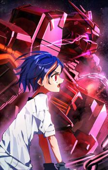 1boy blue_hair gloves glowing glowing_eyes gundam gundam_gquuuuuux highres mecha mobile_suit multicolored_hair open_mouth piloting purple_eyes purple_hair red_eyes red_gundam robot science_fiction shirt short_hair shuji_ito taigaai4649 v-fin