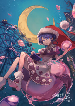 1girl absurdres alternate_color amusement_park animal_ears antinomy_of_common_flowers arm_at_side blob blue_eyes blue_hair book bookmark boots bubble building capelet closed_mouth commentary_request crescent_moon crossed_legs doremy_sweet dream_soul dress ferris_wheel foreshortening fur-trimmed_headwear fur_trim hair_between_eyes hands_up hat highres holding holding_book horns krn_udn light_particles moon multicolored_dress night night_sky nightcap outstretched_hand partial_commentary pointy_boots pom_pom_(clothes) purple_capelet purple_dress red_hat santa_hat short_hair sidelocks signature sitting sky smirk solo stitches tail tapir_ears tapir_tail touhou water_drop white_boots white_dress window