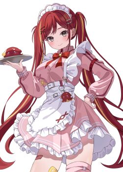 1girl absurdres akane_lize apron arm_strap bandaid bandaid_on_leg belt blonde_hair bow bowtie cowboy_shot creature ear_piercing frilled_apron frilled_skirt frills grey_eyes hair_ornament hairclip hanabi_(minjo_0220) hand_on_own_hip hashtag-only_commentary highres holding holding_tray jacket long_hair long_sleeves looking_at_viewer maid maid_apron maid_headdress mole mole_under_eye multicolored_hair pienna_(akane_lize) piercing pink_jacket pink_skirt red_bow red_bowtie red_hair simple_background skirt smile stellive streaked_hair track_jacket tray turtleneck turtleneck_jacket twintails unconventional_maid very_long_hair virtual_youtuber white_apron white_background white_belt