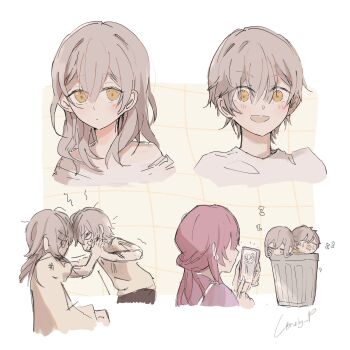 1boy 2girls aged_down artist_name black_shorts blush border caelus_(honkai:_star_rail) cellphone checkered_background child closed_mouth commentary dress drooling dual_persona earrings english_commentary fighting from_behind grey_hair hair_between_eyes hands_up highres holding holding_hands holding_phone honkai:_star_rail honkai_(series) jewelry kafka_(honkai:_star_rail) lonelyp_my long_hair looking_at_viewer low_ponytail multiple_girls multiple_views no_mouth no_pupils open_mouth outside_border pearl_earrings phone ponytail purple_dress purple_hair shirt short_hair short_sleeves shorts single_earring sitting sleeping smartphone smile standing stelle_(honkai:_star_rail) t-shirt taking_picture trailblazer_(honkai:_star_rail) trash_can upper_body v-shaped_eyebrows white_border white_dress white_shirt yellow_background yellow_eyes