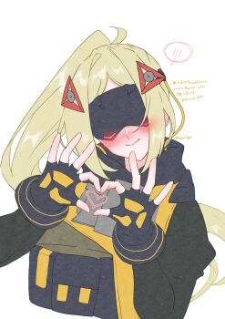 1girl ashimi_fugo black_shrug blindfold_mask blonde_hair blush covered_eyes fingerless_gloves gloves glowing_mask hair_ornament heart heart_hands highres long_hair mask navel shrug_(clothing) simple_background solo triangle_hair_ornament trigger_(zenless_zone_zero) very_long_hair white_background zenless_zone_zero