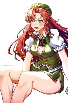 1girl braid breasts cleavage green_eyes green_hat green_skirt green_vest hashtag-only_commentary hat highres hong_meiling hot large_breasts long_hair open_mouth puffy_short_sleeves puffy_sleeves red_hair shirt short_sleeves sitting skirt solo sweat thighs touhou twin_braids vest white_background white_shirt yoryuyaho