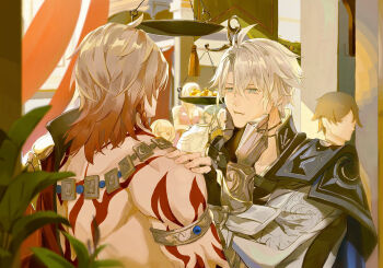 Rule 34 | 2boys, antenna hair, arm tattoo, armlet, armor, back tattoo, black choker, black coat, black gloves, black shirt, blonde hair, blue cape, blue eyes, braid, cape, chinese commentary, choker, clawed gauntlets, coat, commentary request, fingerless gloves, gloves, gold necklace, gradient hair, hand on another's face, hand on another's shoulder, highres, honkai: star rail, honkai (series), jewelry, linjinchi96688, male focus, medium hair, multicolored hair, multiple boys, mydei (honkai: star rail), neck tattoo, necklace, open clothes, open coat, parted bangs, pauldrons, phainon (honkai: star rail), red hair, red tattoo, shirt, short hair, shoulder armor, side braid, single pauldron, sun symbol, sun tattoo, tan, tattoo, white coat, white hair