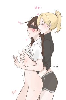 2girls age_difference bad_id bad_twitter_id biting biting_ear black_sweater blindfold blonde_hair blush bottomless breasts brown_hair closed_eyes clothes_lift d.va_(overwatch) drooling facial_mark female_focus fingering grope_from_behind long_hair mercy_(overwatch) multiple_girls no_panties overwatch ponytail servandakin shirt shirt_lift short sweat sweatdrop sweater white_shirt yuri