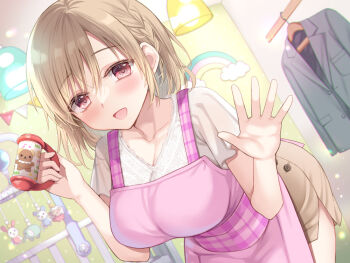 Rule 34 | 1girl, :d, apron, blush, braid, breasts, brown hair, brown skirt, cleavage, clothes hanger, crib, hair between eyes, hand up, ikura nagisa, indoors, jacket, kindergarten teacher, large breasts, leaning forward, mobile, open mouth, pink apron, pink eyes, rainbow, rattle, skirt, smile, solo, string of flags, unworn jacket