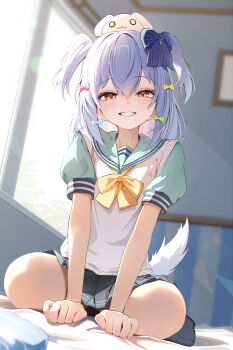 1boy absurdres bed bed_sheet black_skirt black_socks blue_bow blue_ribbon blurry blurry_background blush bow brown_eyes commentary_request crossdressing crossdressing_(mtf) green_bow green_sailor_collar green_shirt grin hair_bow hair_ribbon highres indoors inuyama_tamaki inuyama_tamaki_(3rd_costume) lens_flare loli long_hair male_focus multiple_hair_bows noripro official_alternate_costume pink_bow pleated_skirt ribbon sailor_collar shirt short_sleeves sidelocks sikimosh sitting skirt smile socks sunlight sweater_vest trap two_side_up virtual_youtuber wariza white_hair white_sweater_vest window yellow_bow